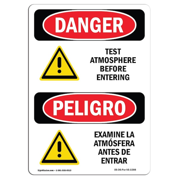 OSHA, Test Atmosphere Before Entering Bilingual, 5in X 3.5in, 10PK, 3.5" W, 5" L, Spanish, PK10